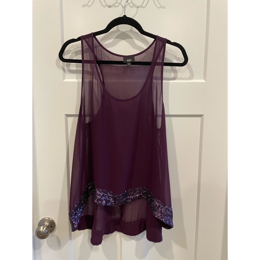 Deep purple sheer & sequined trim tank top